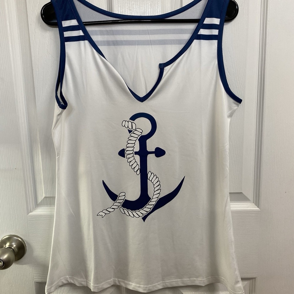 White Women's Tank Top Anchor Sailor Print Sz. L‎ Poly/Spandex